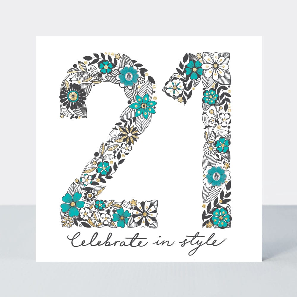 Azalea Age 21 - Teal Flower  - Birthday Card