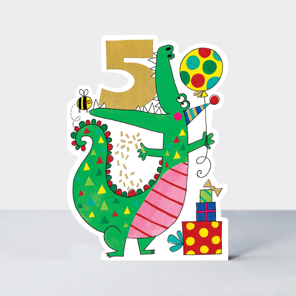 Balancing Act - Age 5 Birthday Card Boy Crocodile