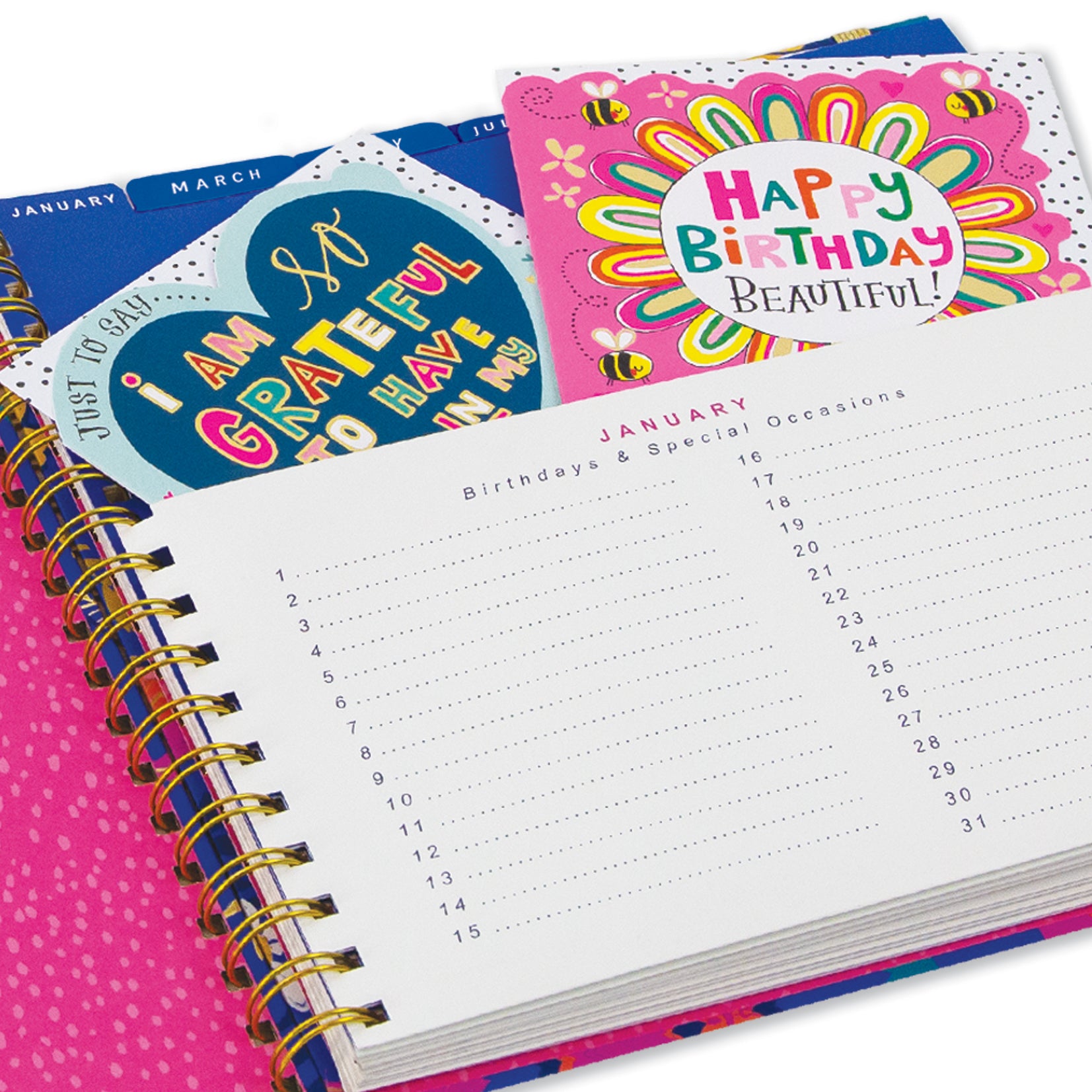 Inside view of Birthday Card Planner showing monthly card pocket and date writing pages