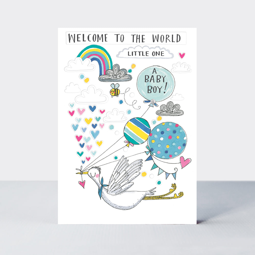 Blue Skies - New Baby Boy Card - Stork