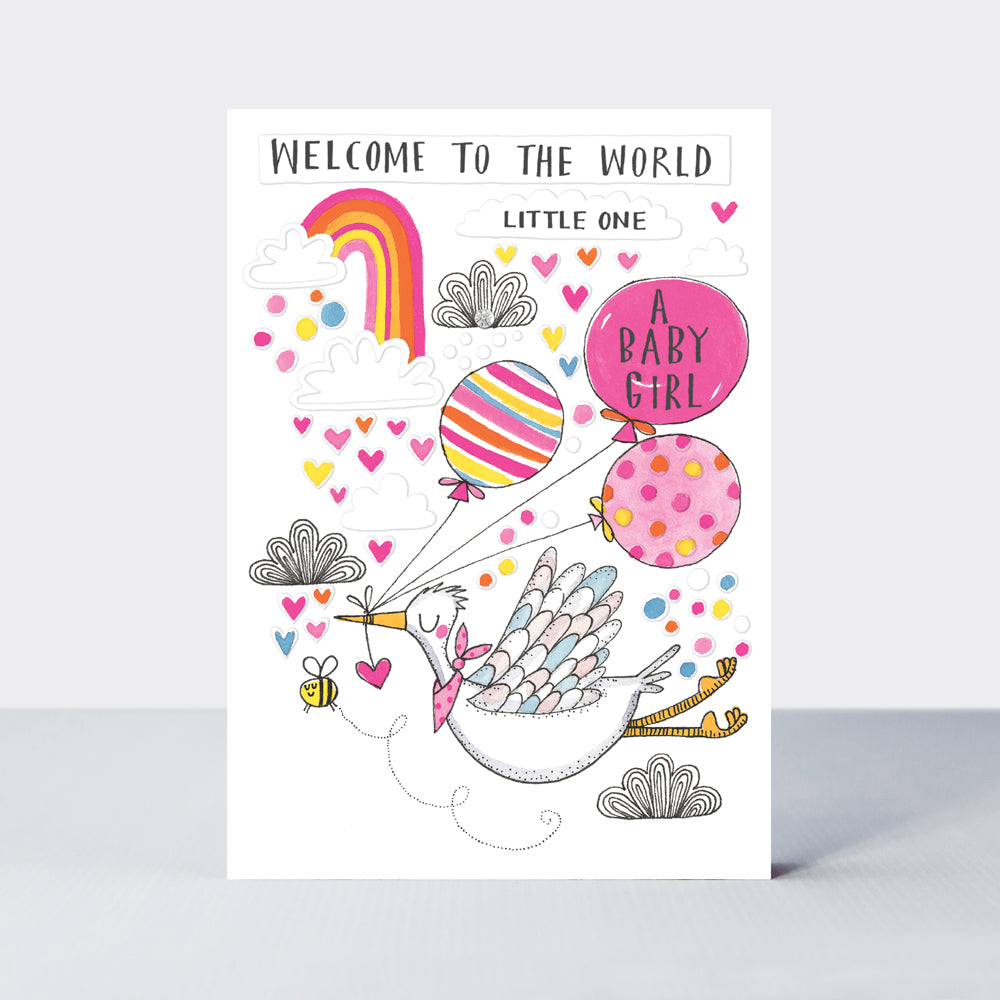 Blue Skies - New Baby Girl Card - Stork
