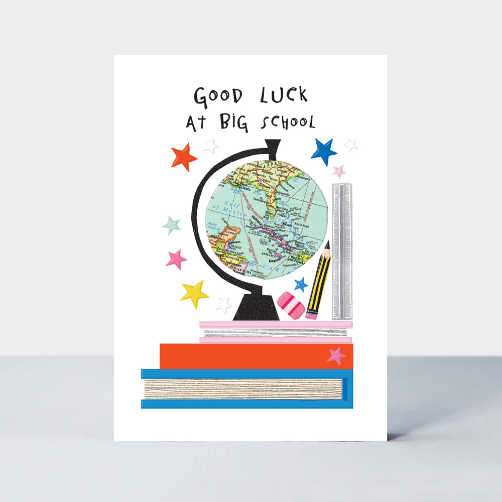 Bookworm - Good Luck At Big School Card - Globe & Stack Of Books