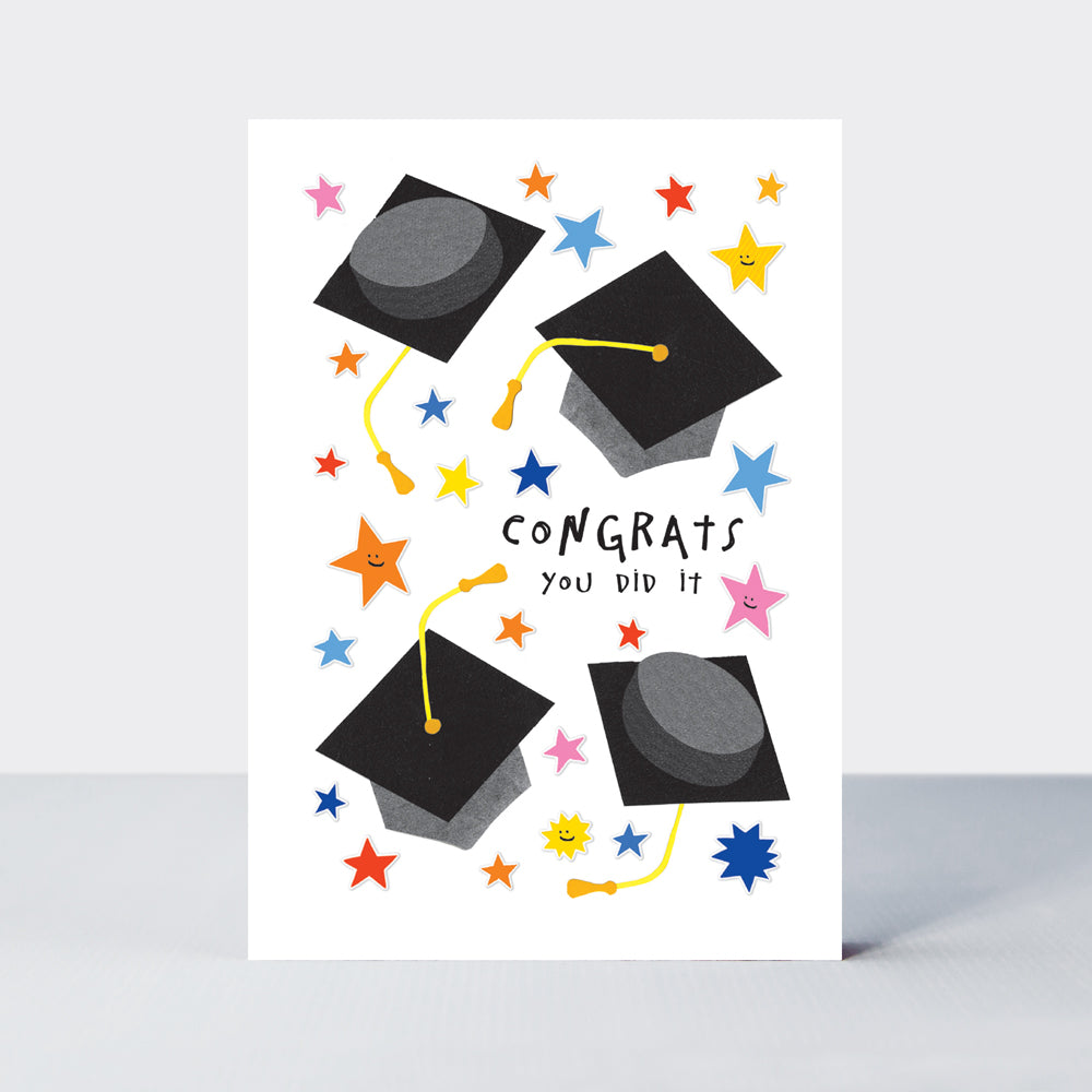 Bookworm - Congrats You Did It Graduation Card - Tossing Caps & Stars