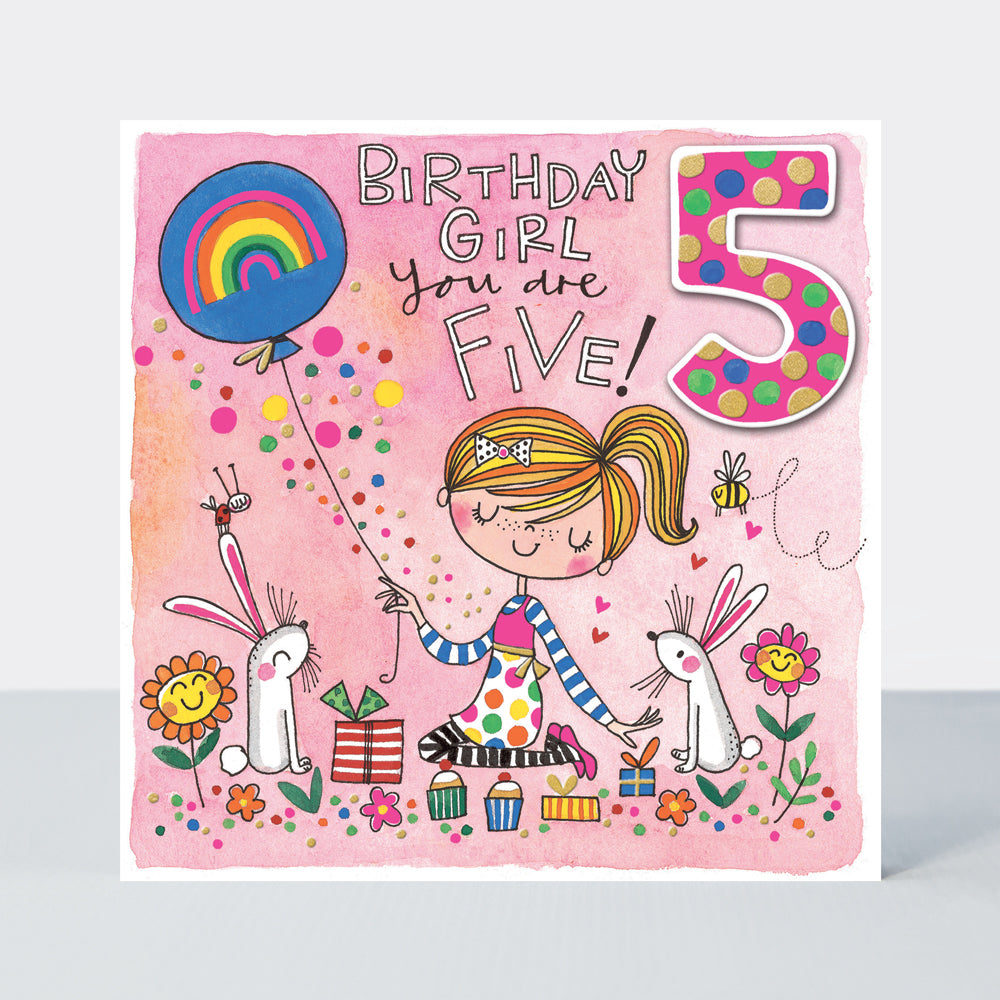 Chatterbox - Age 5 Girl with Rabbits and Balloon  - Birthday Card