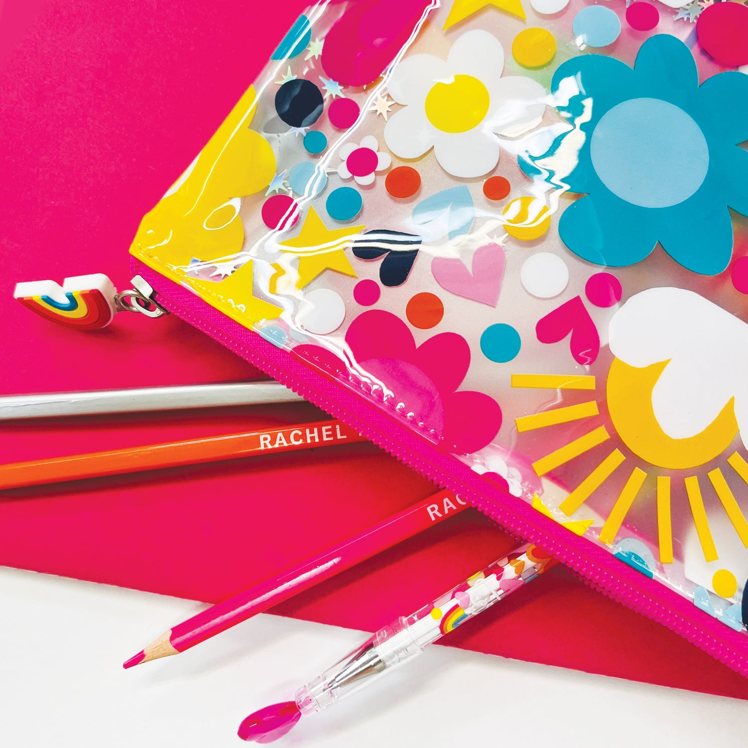 Clear Pencil Case/Pouch - Flowers, Hearts & Stars