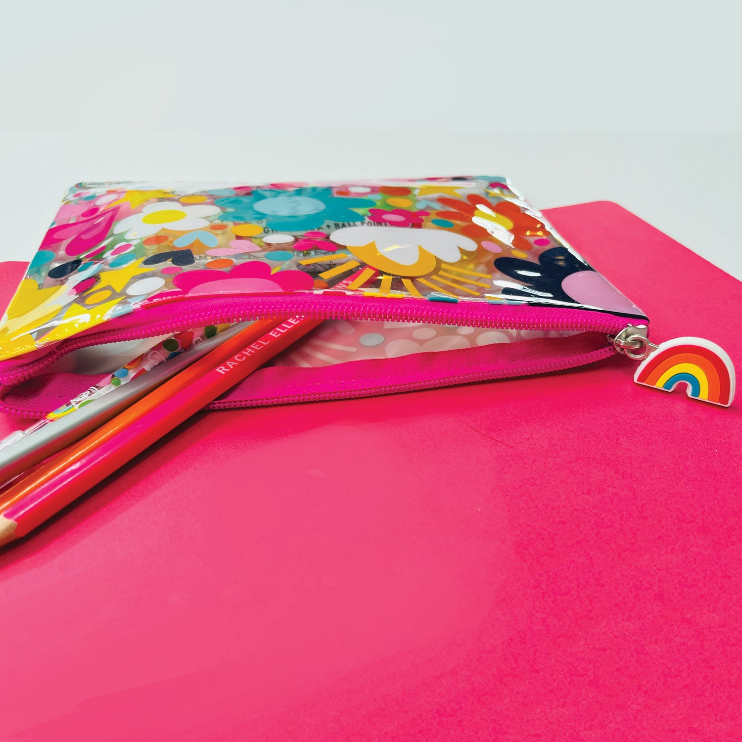 Clear Pencil Case/Pouch - Flowers, Hearts & Stars