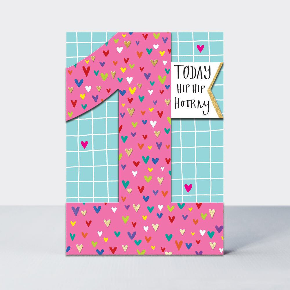 DITTO - Age 1 Girl - Hip Hip Hooray Hearts - Birthday Card