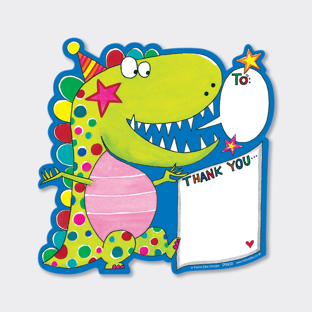 Roar-some Dinosaur Thank You Note Cards (8 Pack) - Green and Blue with Balloons