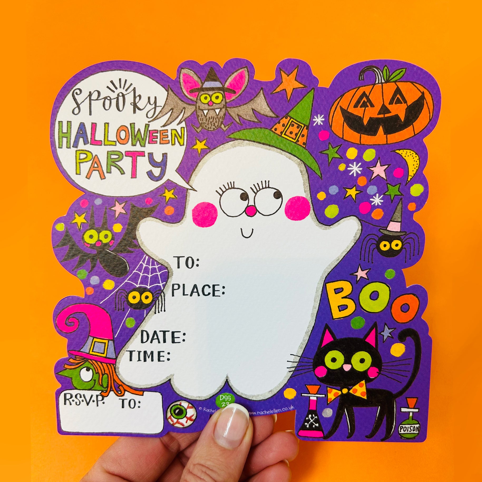 Halloween Party Invitations (8 Pack) - Spooky ghost with purple background