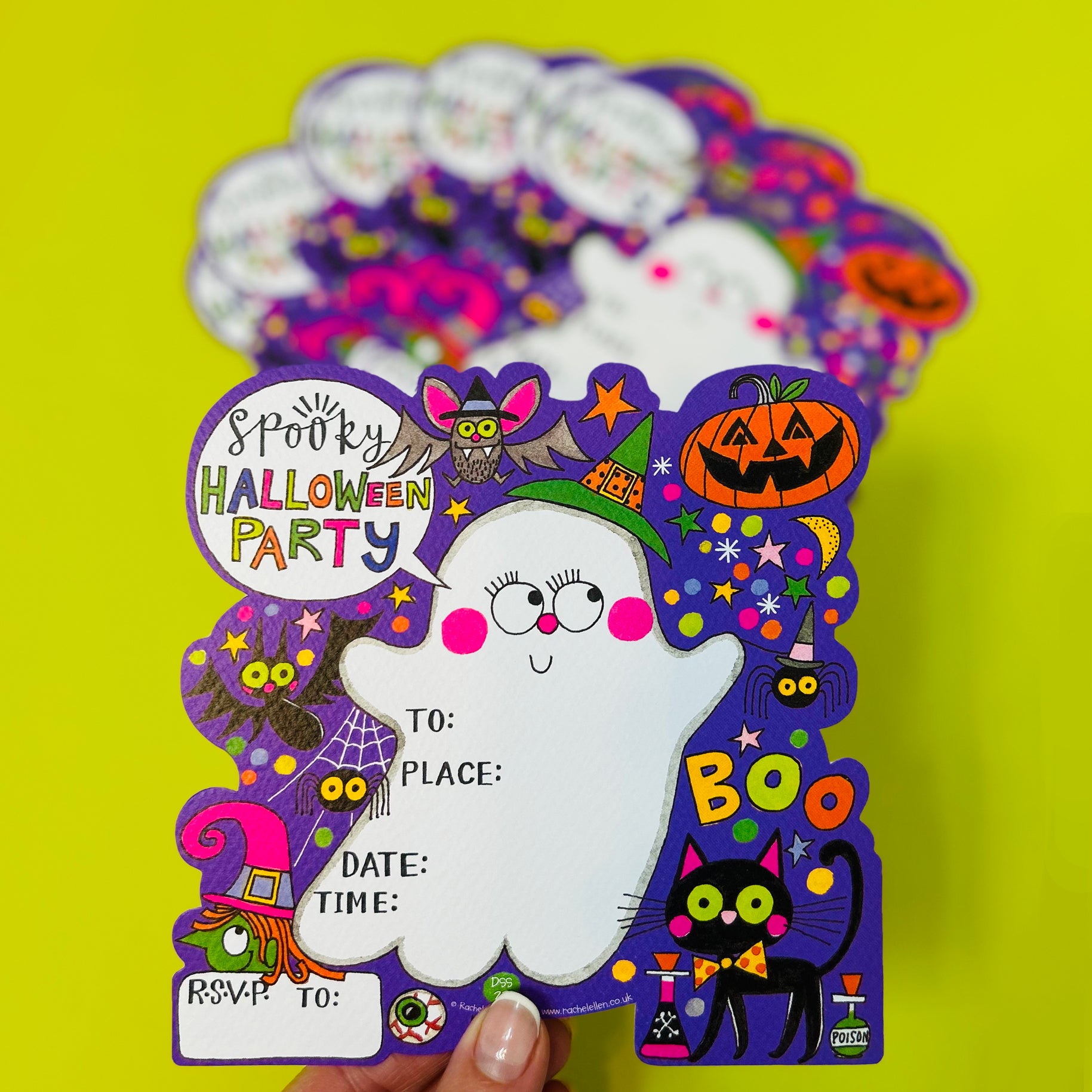 Halloween Party Invitations (8 Pack) - Spooky ghost with purple background