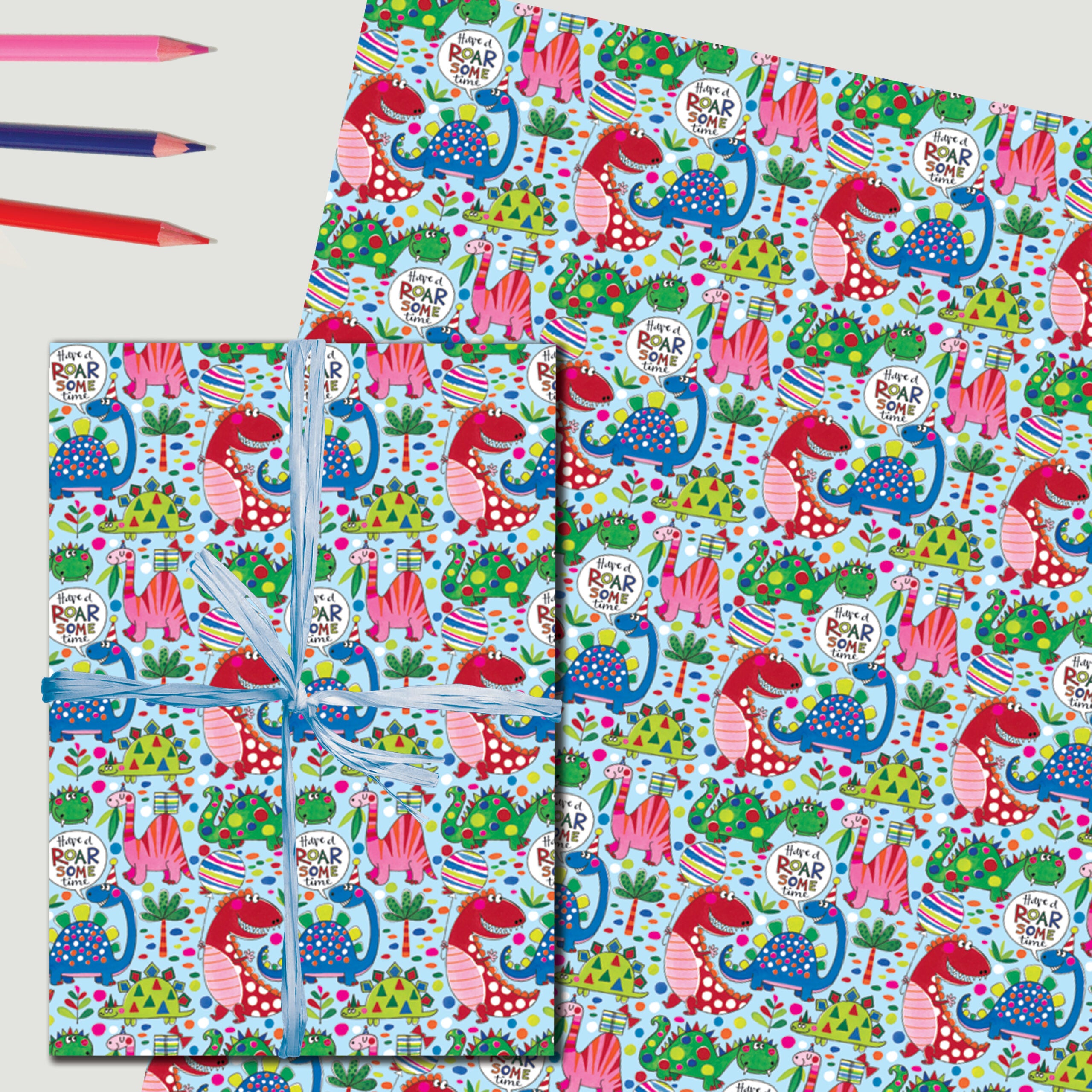 Gift Wrap Sheet - Dinosaurs on pale blue