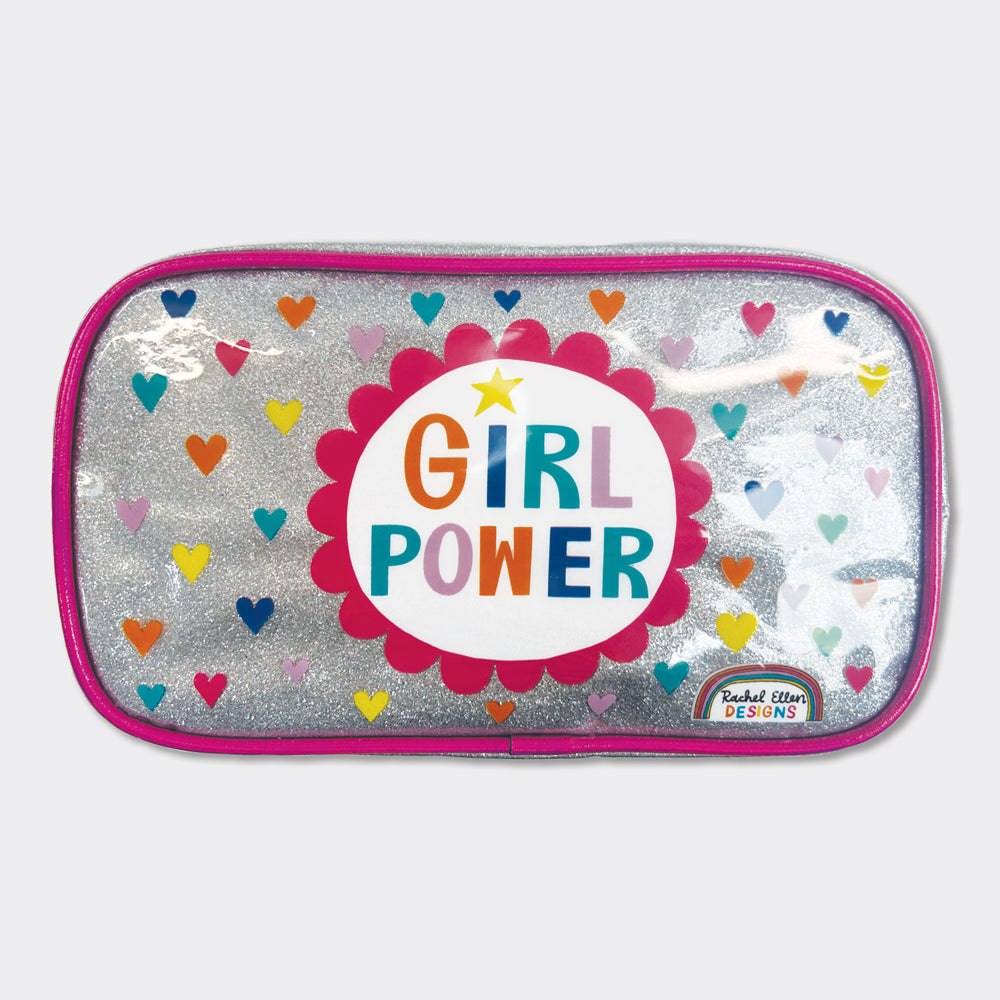 Large Glitter Pencil Case - Silver 'Girl Power' Flower & Hearts