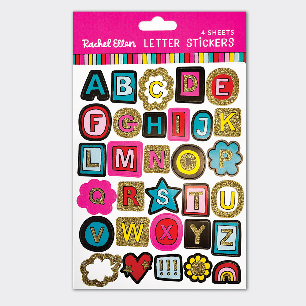 Designer multi-coloured and gold glitter letter stickers, boutique alphabet embellishments for personalising notebooks and stationery.