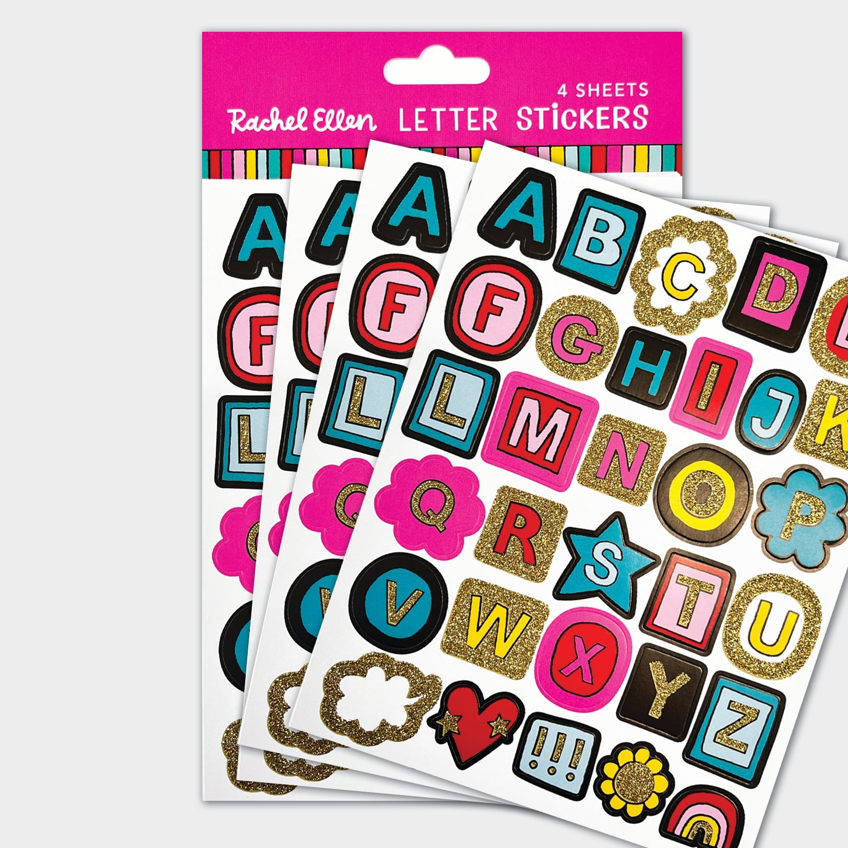 Multi-Colour Gold Glitter Letter Stickers - 4 Sheets