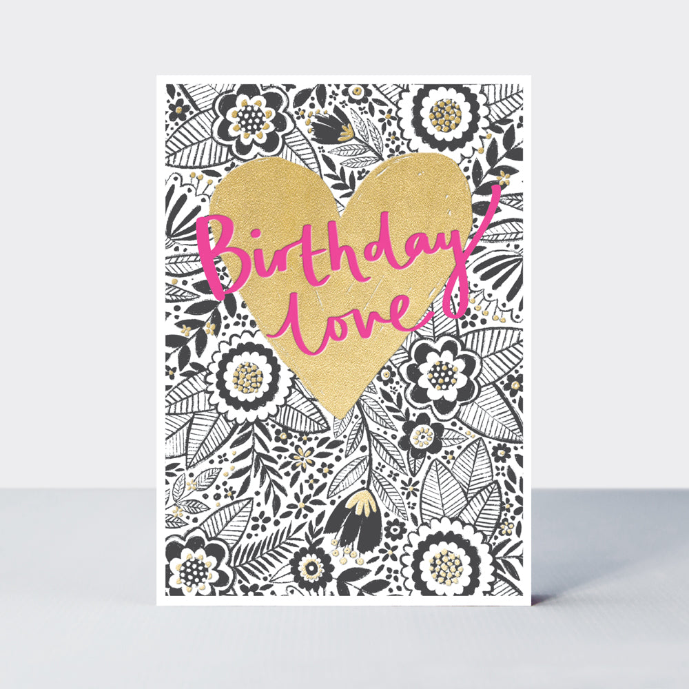 Flamingo - Birthday Pattern & Gold Heart - Birthday Card