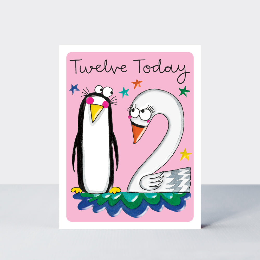 Hey! Age 12 Birthday card - Penguin & Swan