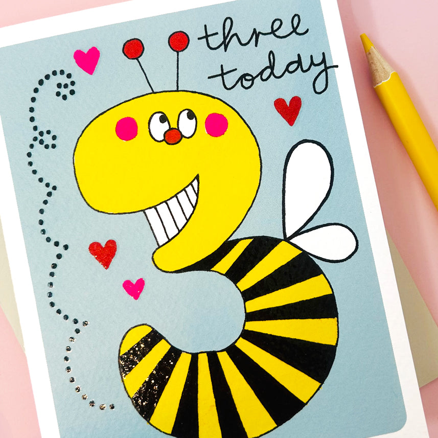 Hey! Age 3 Birthday card - Bee