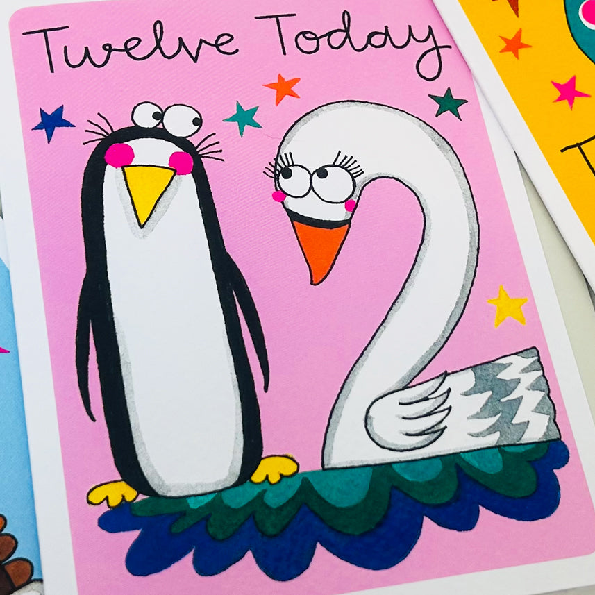 Hey! Age 12 Birthday card - Penguin & Swan