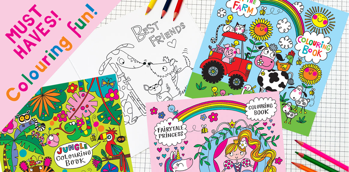 Rachel Ellen Designs new collection of children's colouring books featuring jungle, princess, and farm designs.