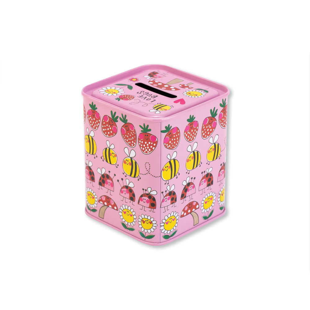 Money Box Tin  - Love Bugs Ladybirds on pink