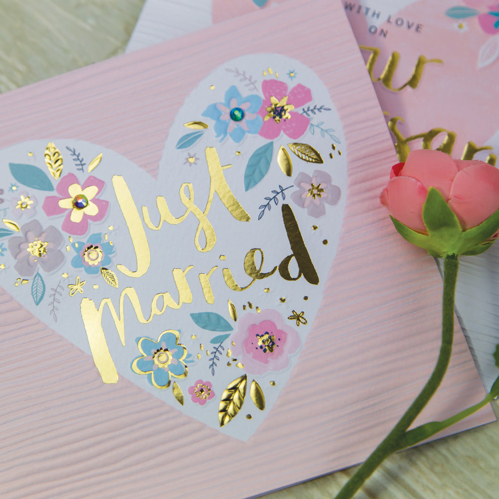 Peony - Just Married Floral Heart Wedding Card