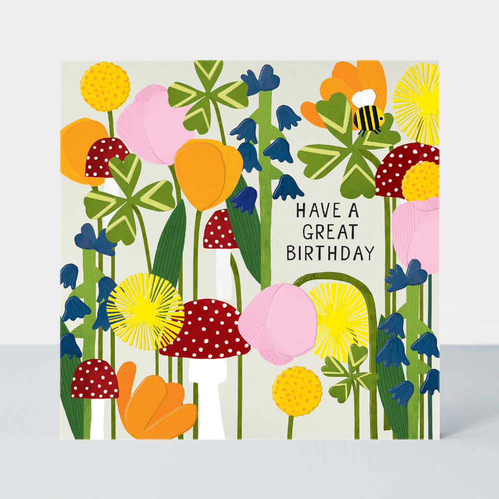 Paper Petals - Have a Great Birthday Card - Paper Cut Petals, Toadstool & Bee