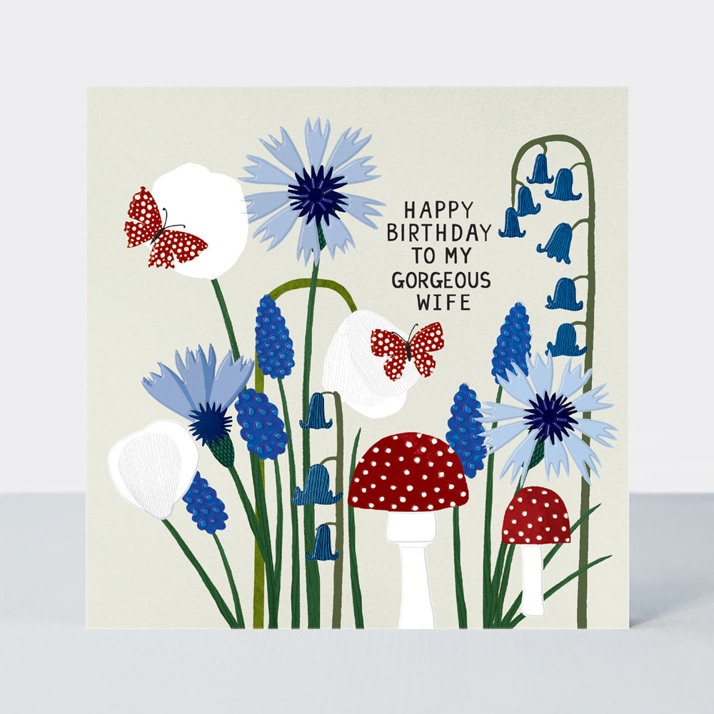 Paper Petals - Gorgeous Wife Birthday Card - Paper Cut Petals, Toadstools & Butterflies