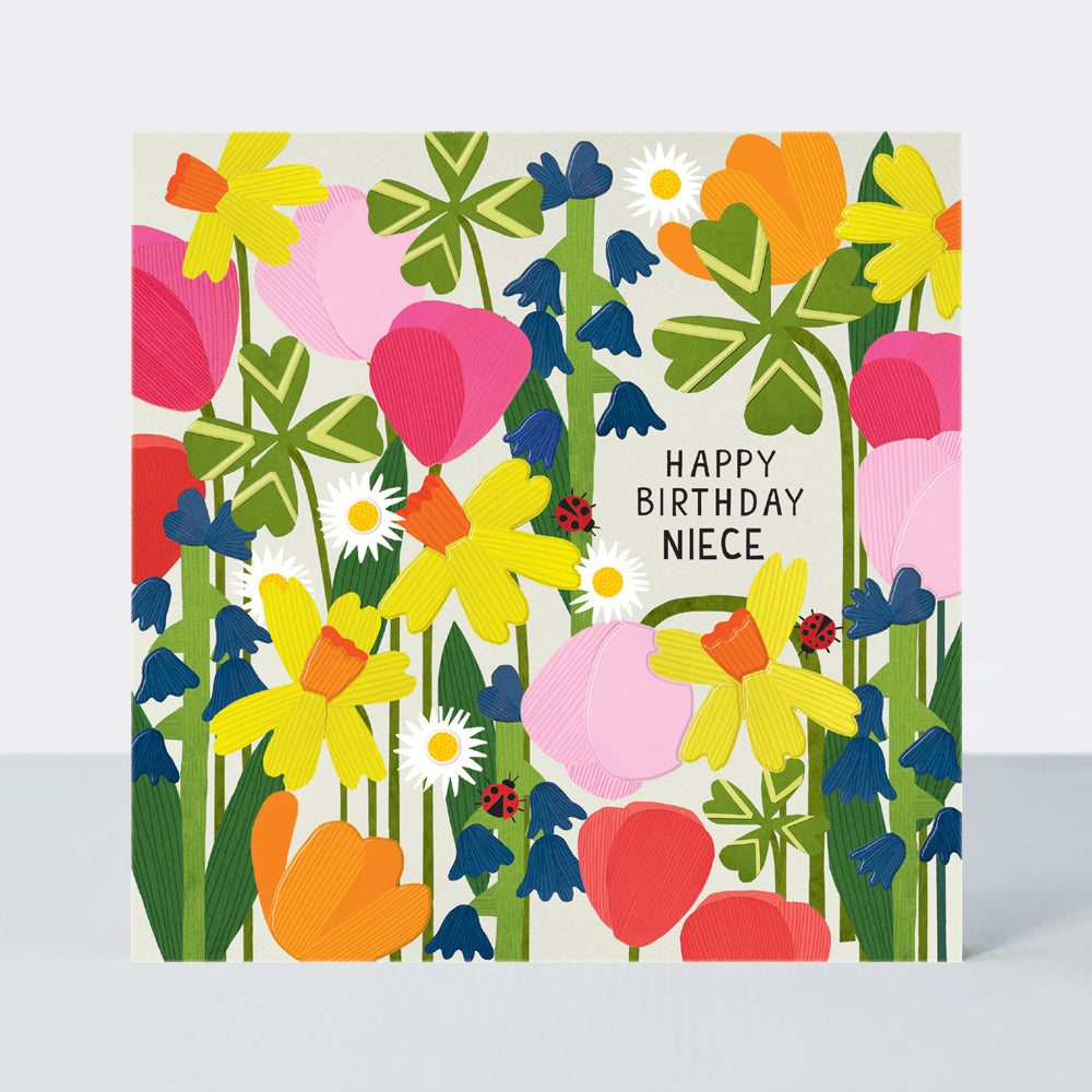 Paper Petals - Niece Birthday Card - Paper Cut Spring Blooms & Ladybirds