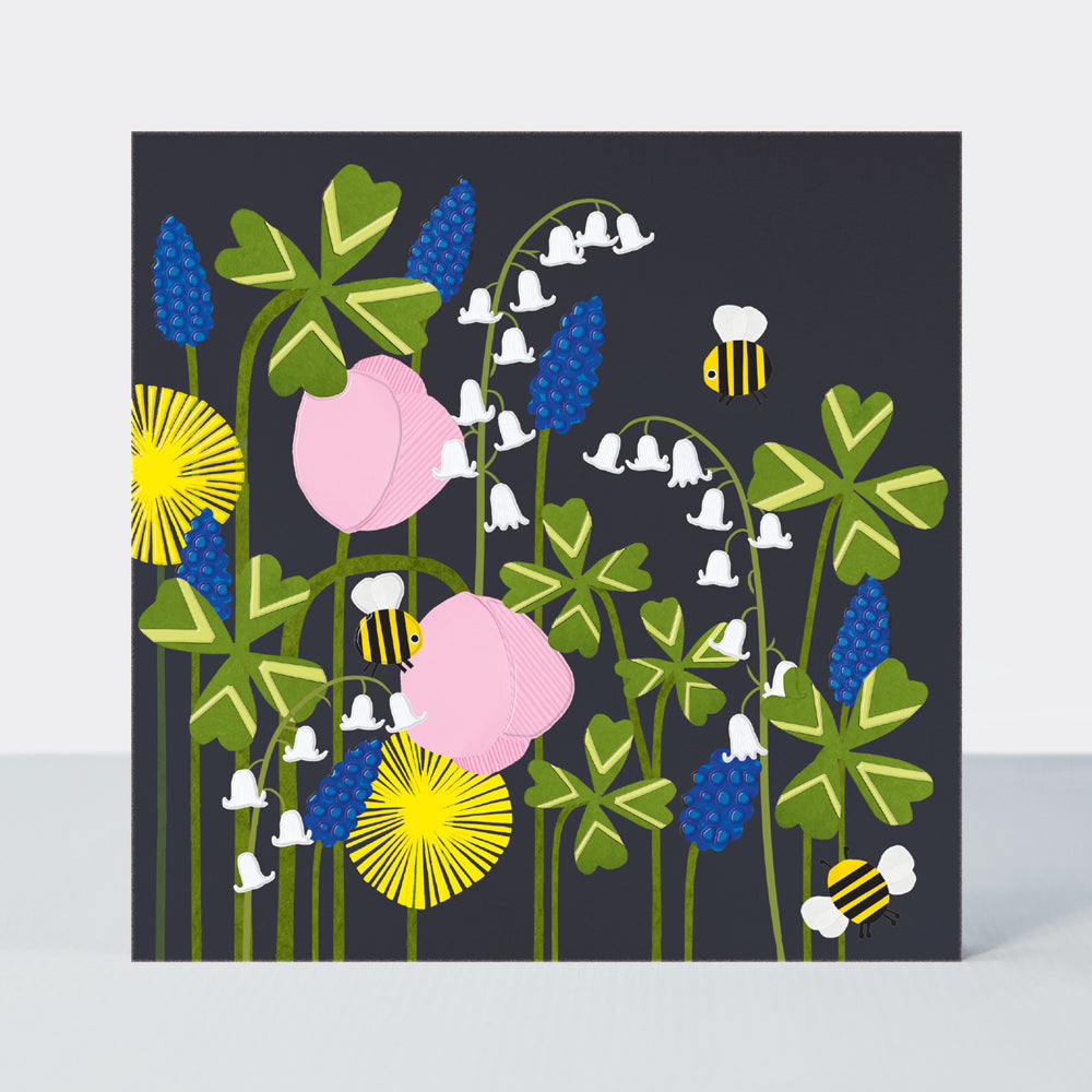 Paper Petals - Blank Card - Paper Cut Spring Blooms & Bumble Bee