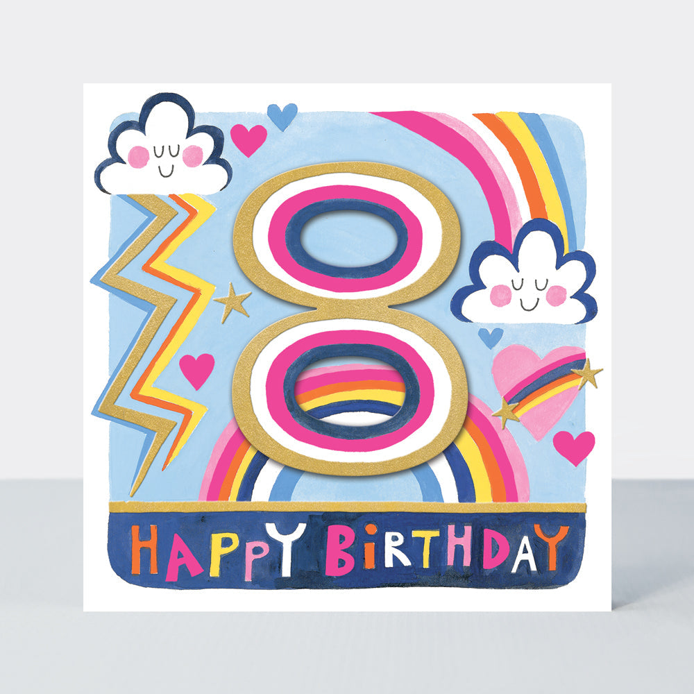 Rhubarb - Age 8 Girl/Rainbows & Clouds birthday card