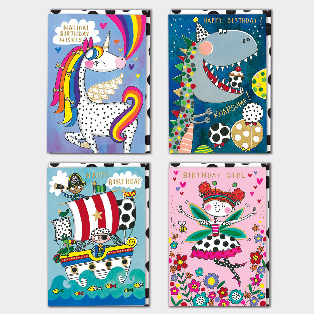 Children's Mixed Birthday Card Bundle-  Unicorn, Dinosaur, Pirate and Fairy Designs