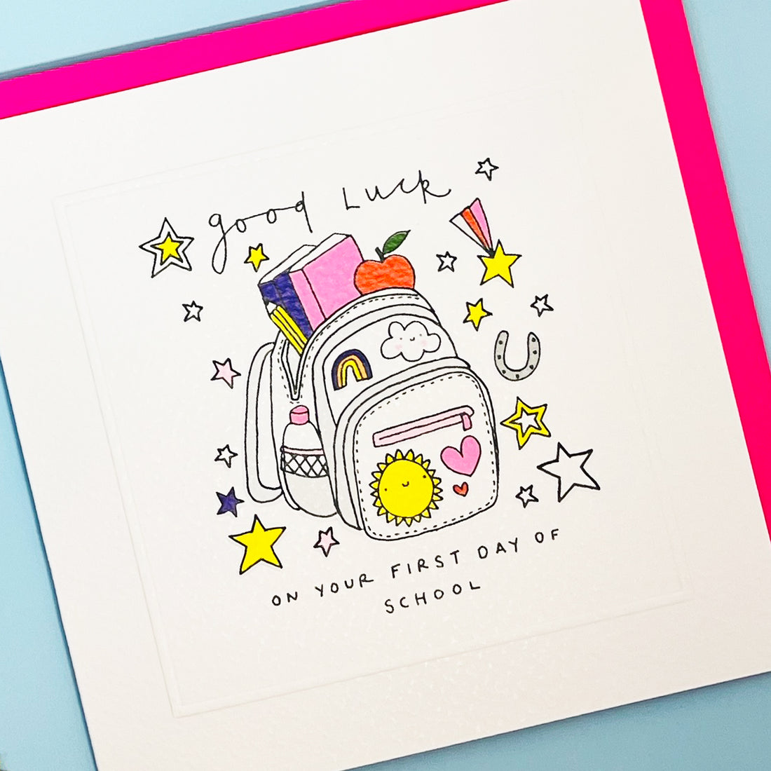 Pocket Rocket - Good Luck 1st Day - Rucksack Girl - Greetings Card