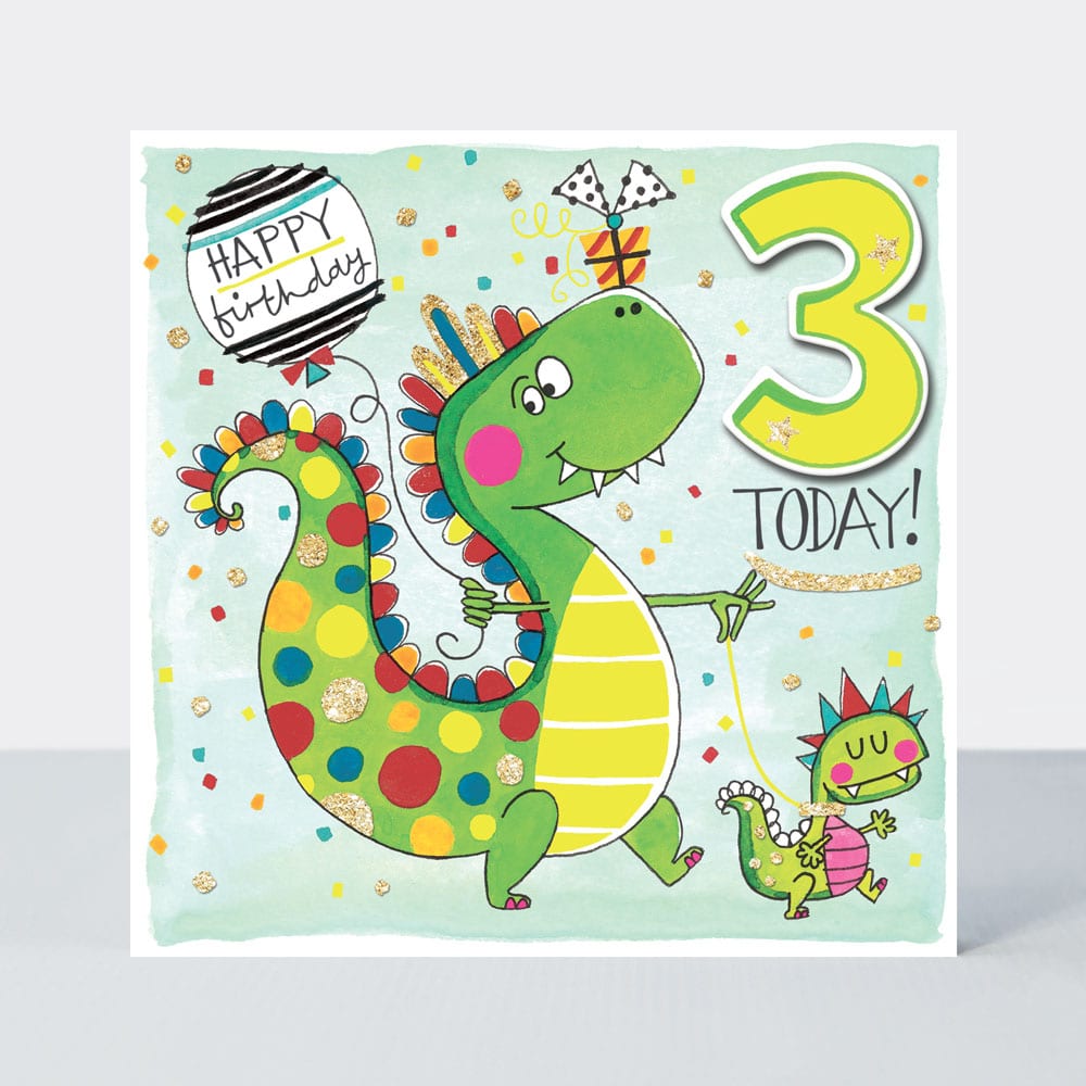 Scribbles - Age 3 Boy Dinosaur - Birthday Card