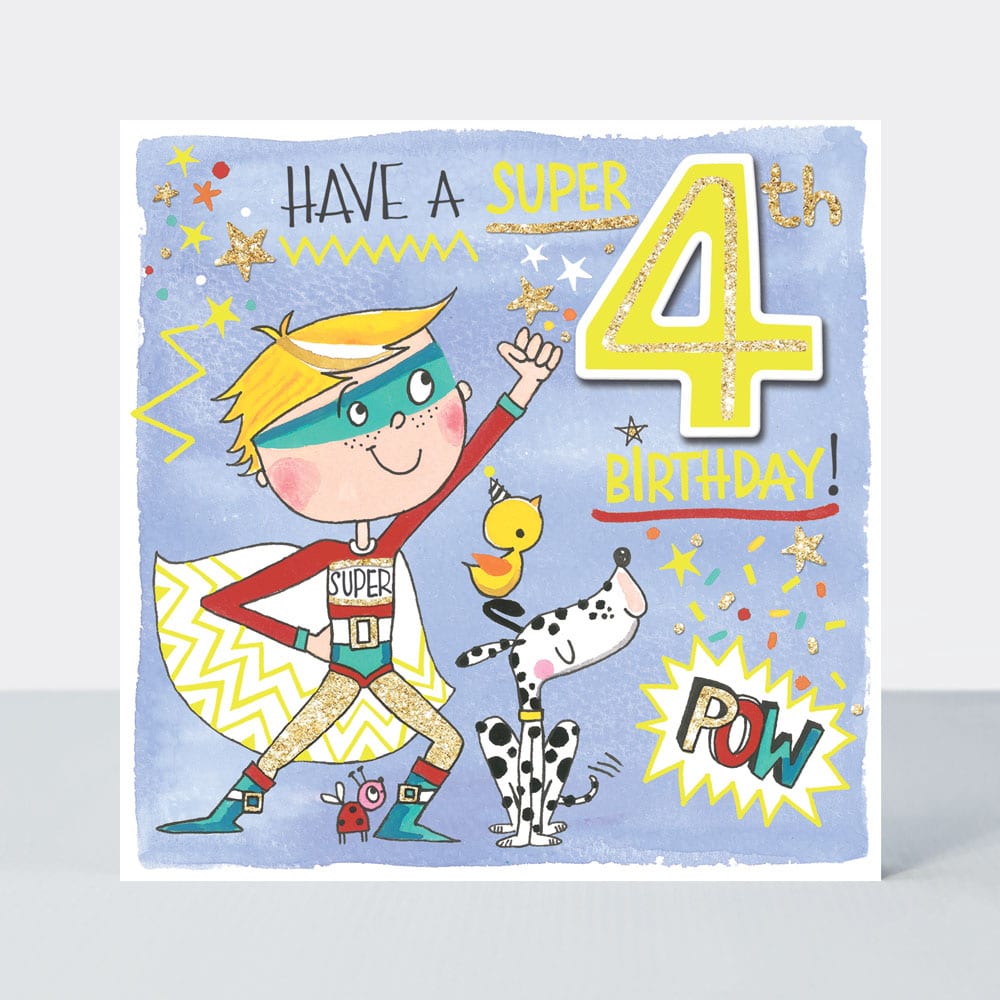 Scribbles - Age 4 Boy Super Hero - Birthday Card