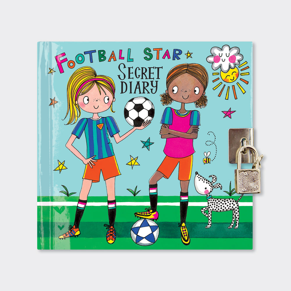 Cover of a lockable secret diary featuring illustrations of two girl football players, a soccer ball, and a small padlock with a key.