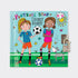 Cover of a lockable secret diary featuring illustrations of two girl football players, a soccer ball, and a small padlock with a key.