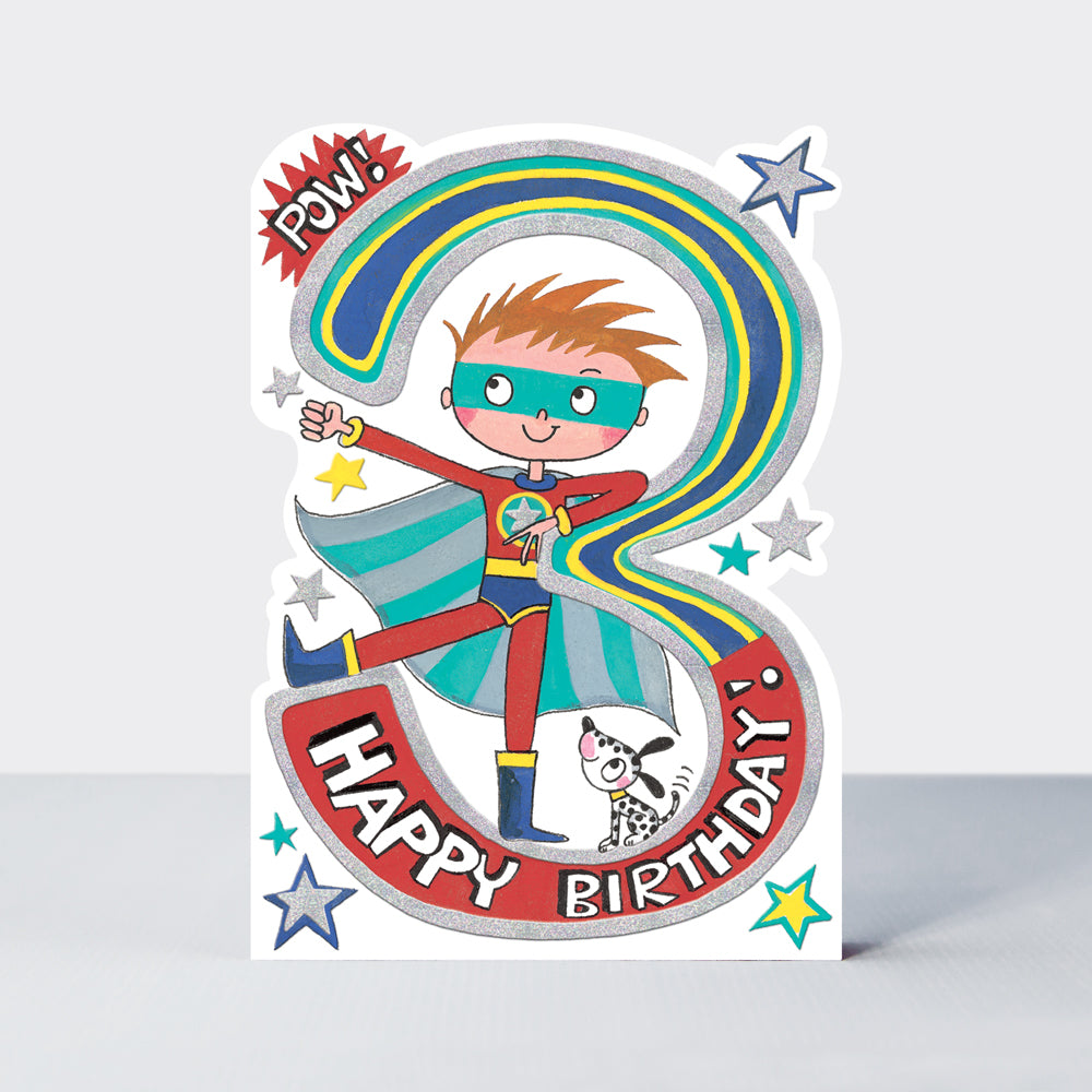Star Jumps - Age 3 boy super hero - Birthday Card