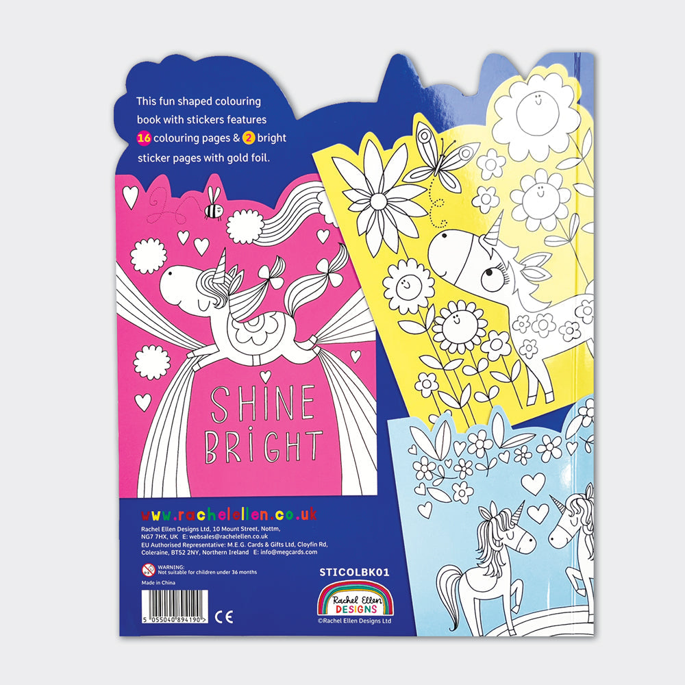 Back cover of unicorn colouring book showing magical illustrations and sparkly stickers