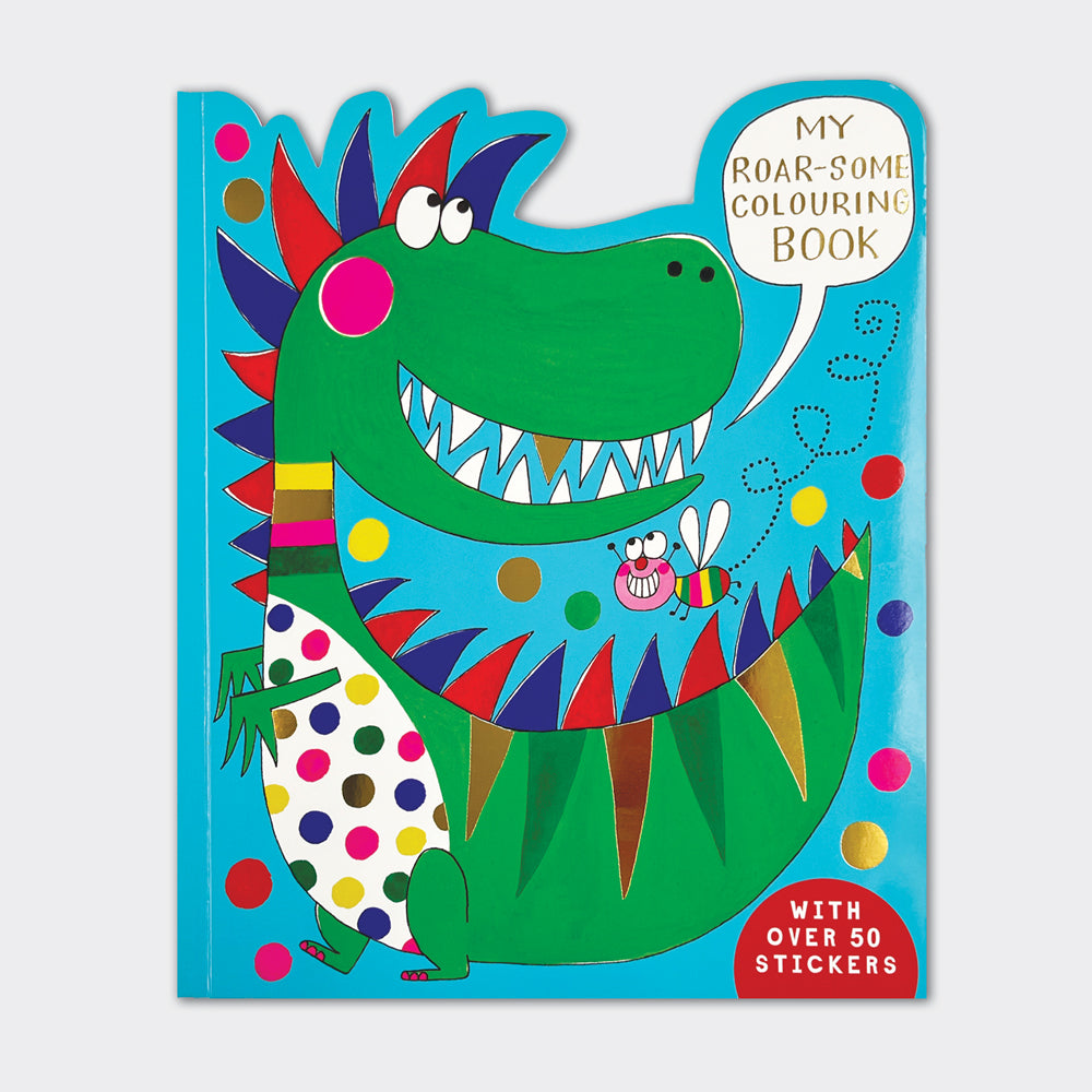 Dinosaur colouring book with die-cut cover featuring gold foil T-Rex and prehistoric details