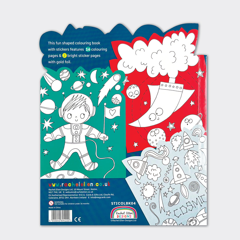 Back cover of cosmic colouring book showing space-themed illustrations and gold foil stickers