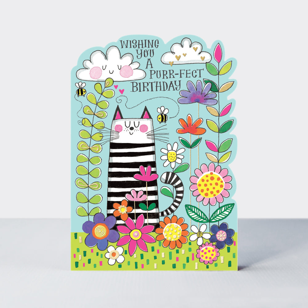 Hello Sunday! - Wishing you a Purr-fect B'day/Cat & Flowers Birthday Card