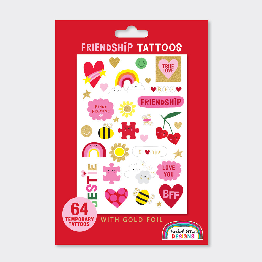 Pack of friendship tattoos with various designs on a red background