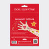 Red packaging of Rachel Ellen Designs friendship tattoos with a hand illustration and text.