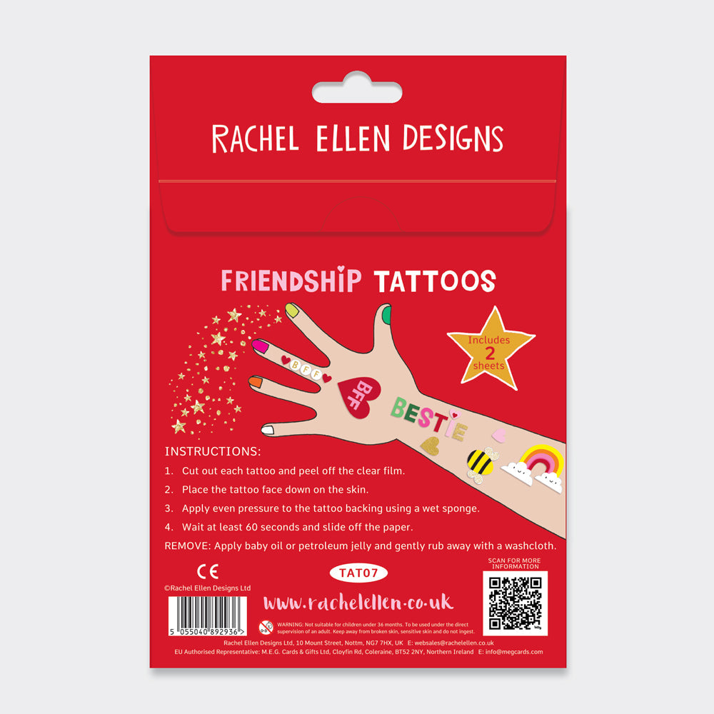 Red packaging of Rachel Ellen Designs friendship tattoos with a hand illustration and text.