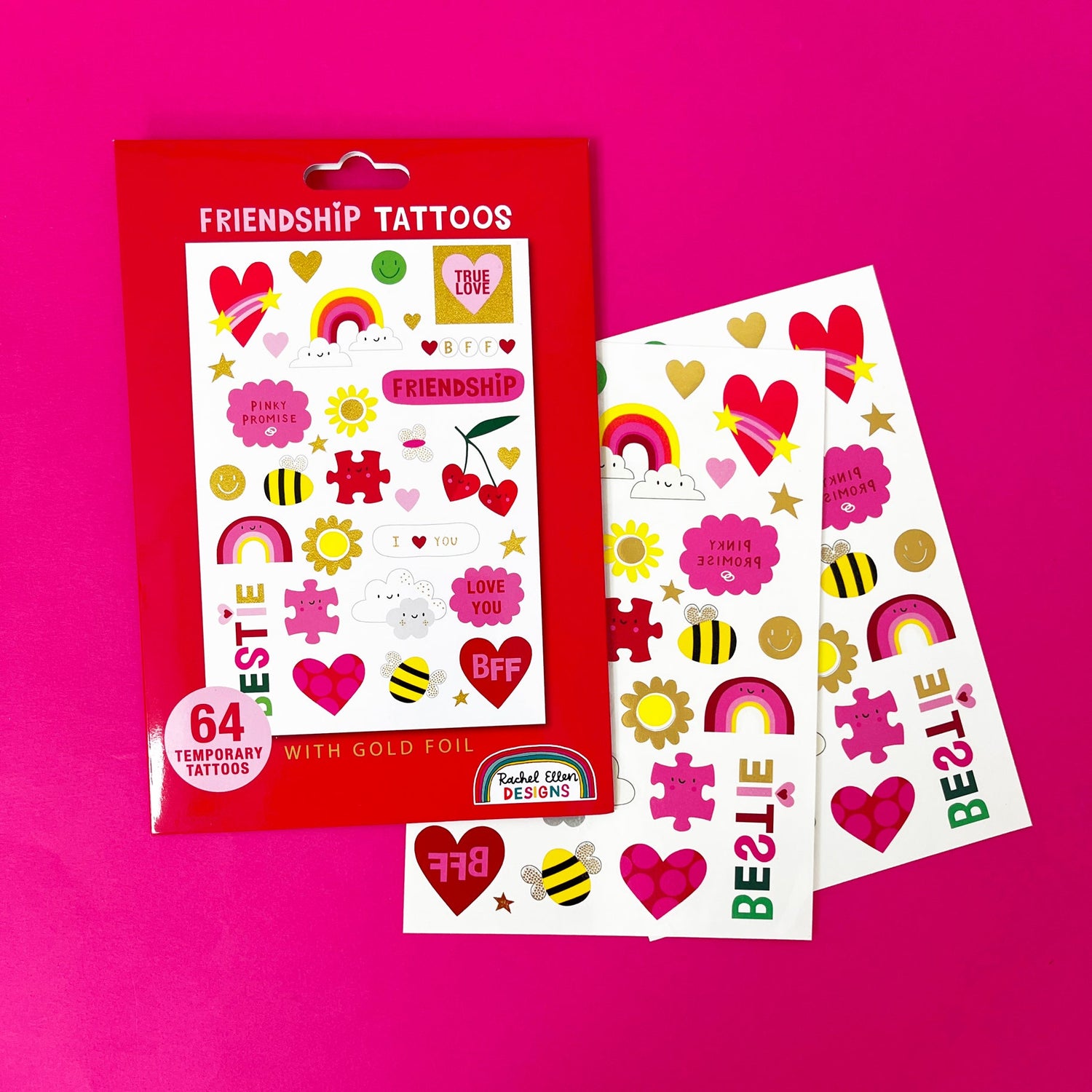 Packaging of friendship tattoos with designs on a pink background