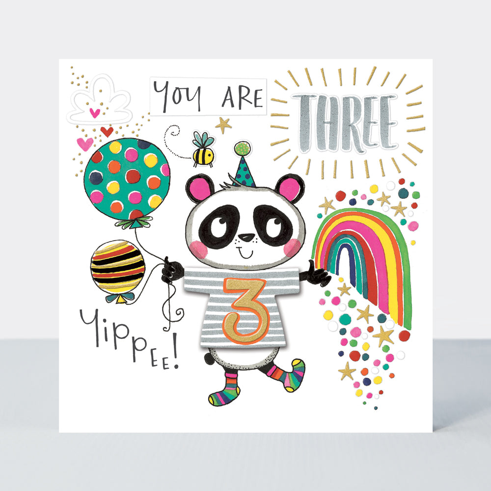 T-Party - Age 3 Birthday Card /Panda & Balloons