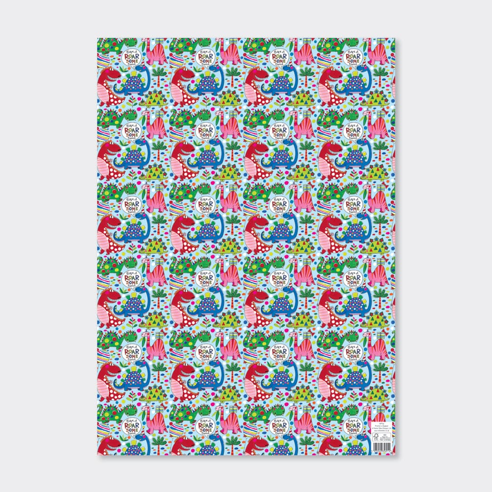 Gift Wrap Sheet - Dinosaurs on pale blue
