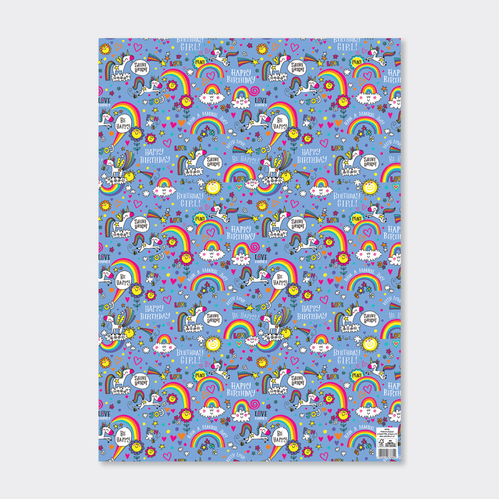 Gift Wrap Sheet - Birthday Girl unicorn and rainbows