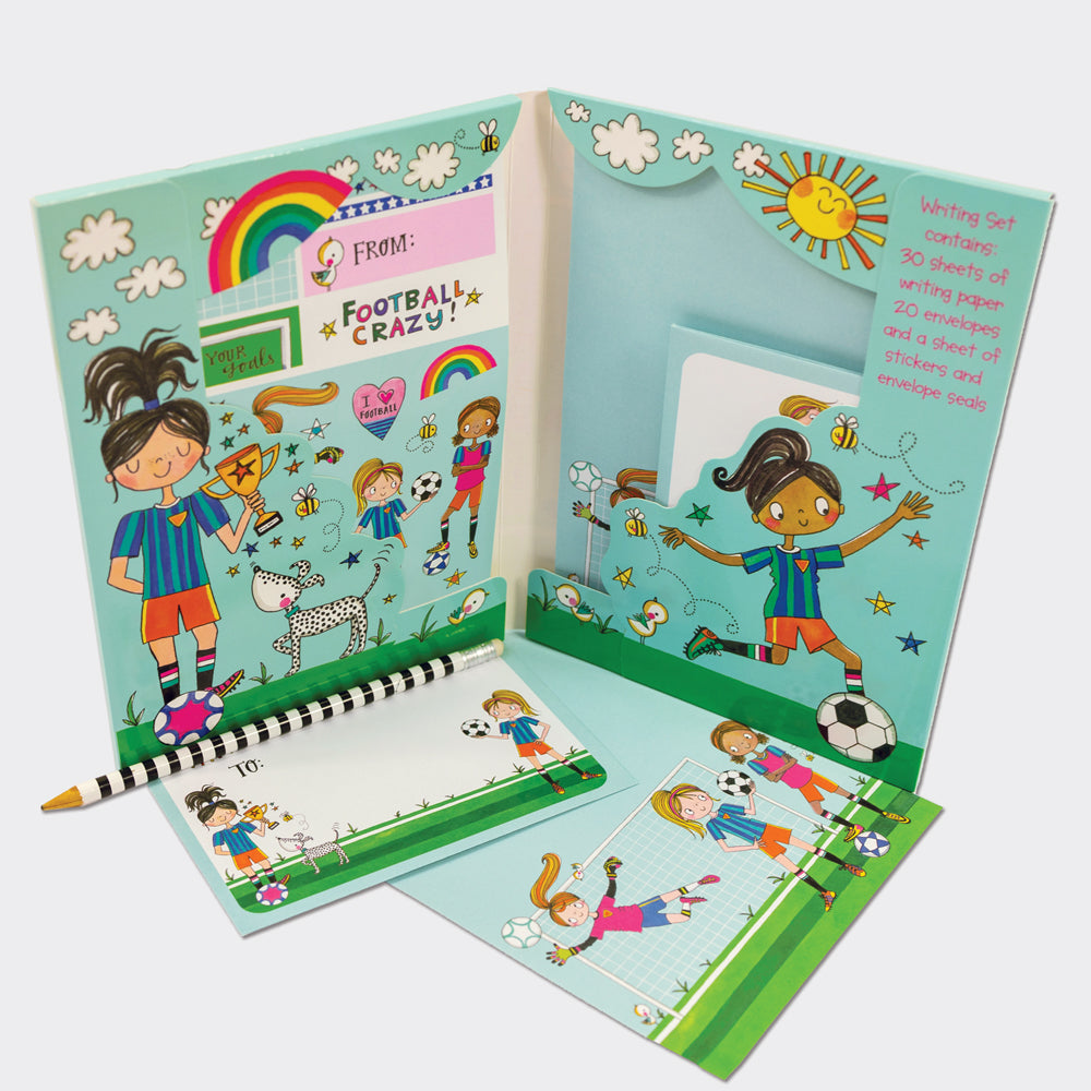 Open girls football writing set showing paper, envelopes, stickers