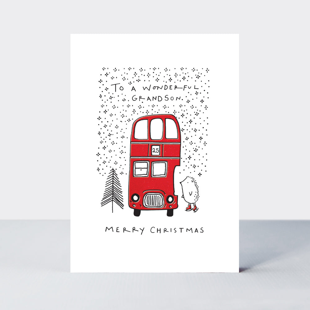 Almond - Grandson/Hedgehog Big Red Bus Christmas Card